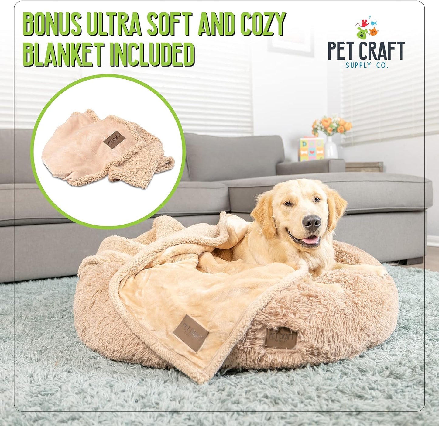 Wellness Calming Dog Bed for Small Dogs - Cat Bed for Indoor Cats - with Bonus Matching Dog Blanket Cat Blanket to Combat Anxiety Xlarge