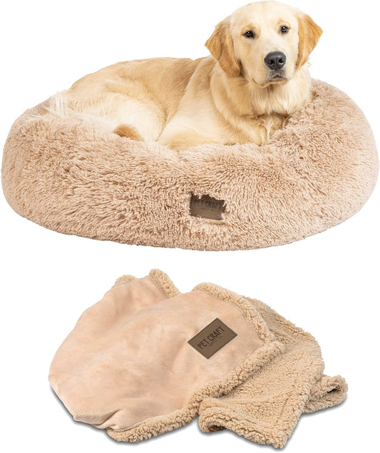 Wellness Calming Dog Bed for Small Dogs - Cat Bed for Indoor Cats - with Bonus Matching Dog Blanket Cat Blanket to Combat Anxiety Xlarge