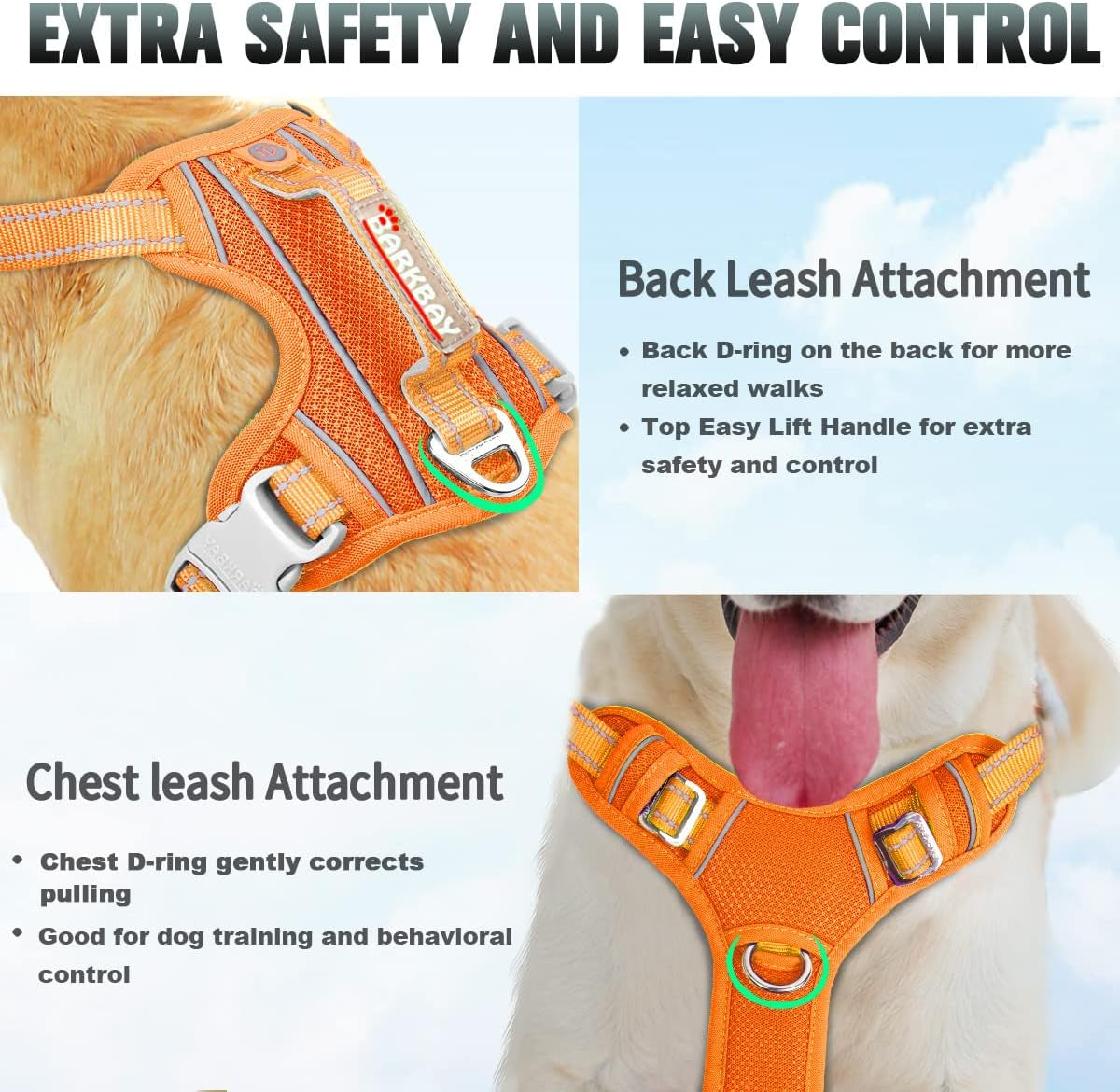 No Pull Dog Harness Large Reflective Dog Harness with Front Clip and Easy Control Handle for Walking Training Running with ID Tag Pocket(Orange,M)